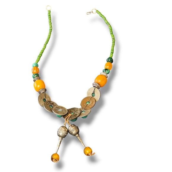 Vintage British West Africa Coins Bakelite Malachite Trade Bead Necklace - Picture 4 of 9